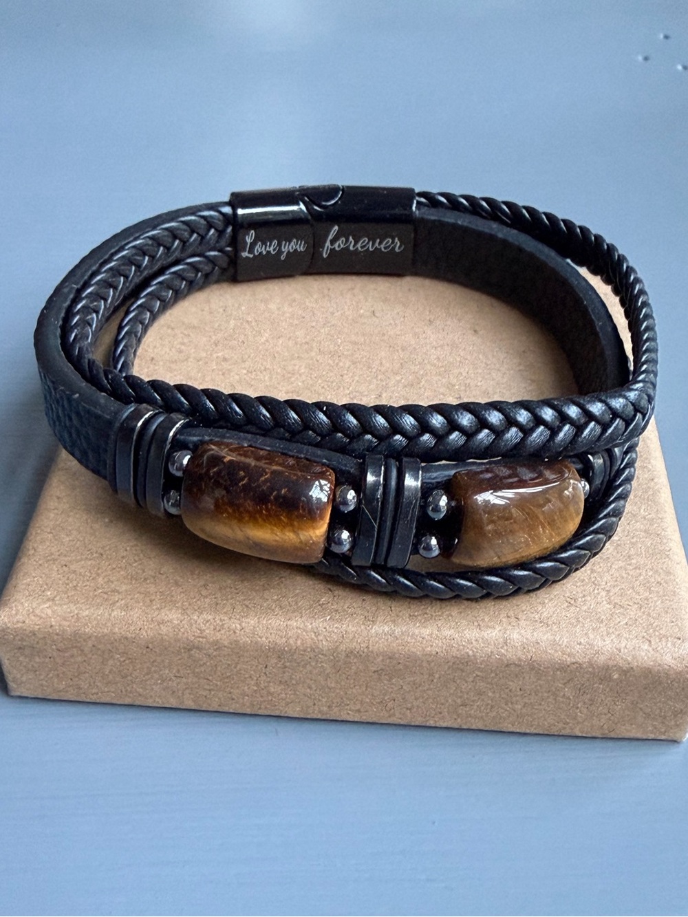 Black Braided Leather Bracelet with Brown Tiger Eye Beads
